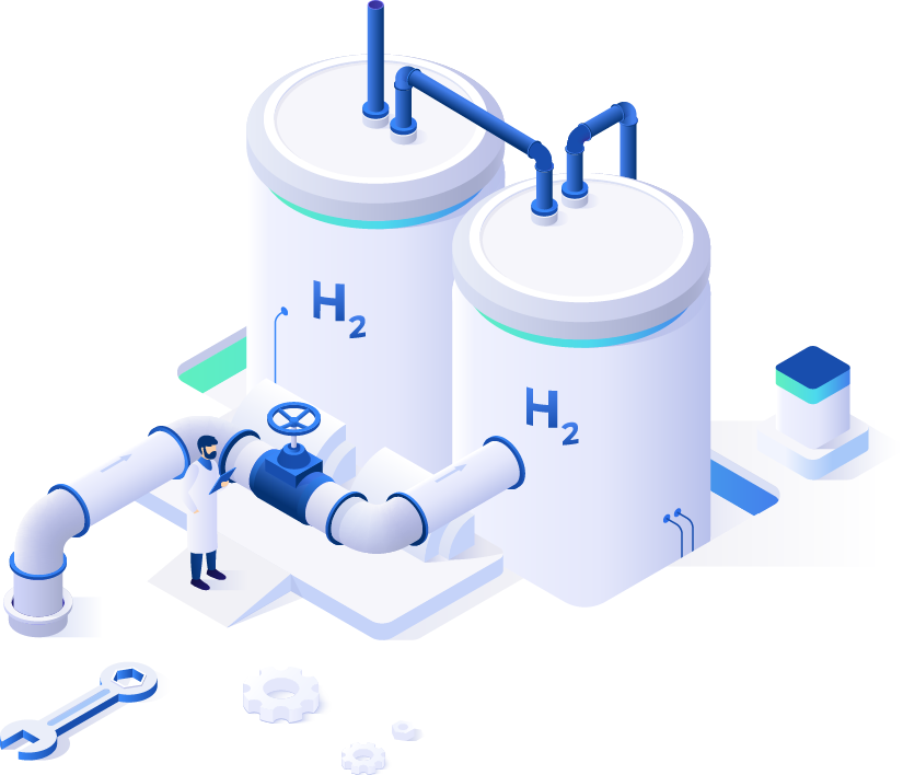 Illustration of two vertical hydrogen storage containers being serviced by a technician.