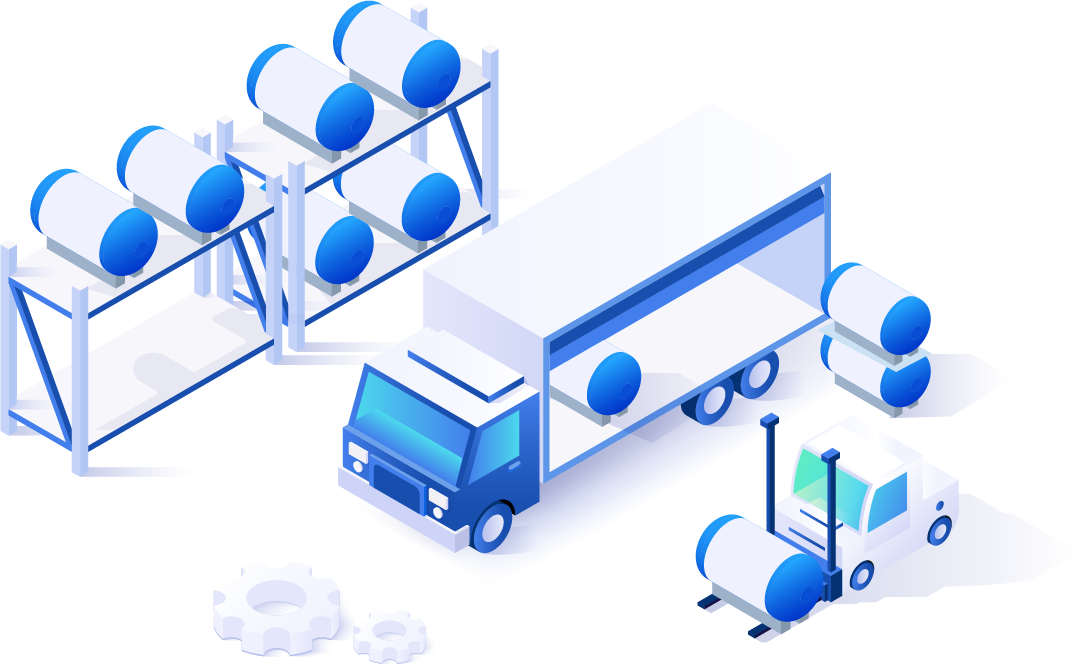 Illustration of a transport truck idling while being loaded with Safe Hydrogen containers.